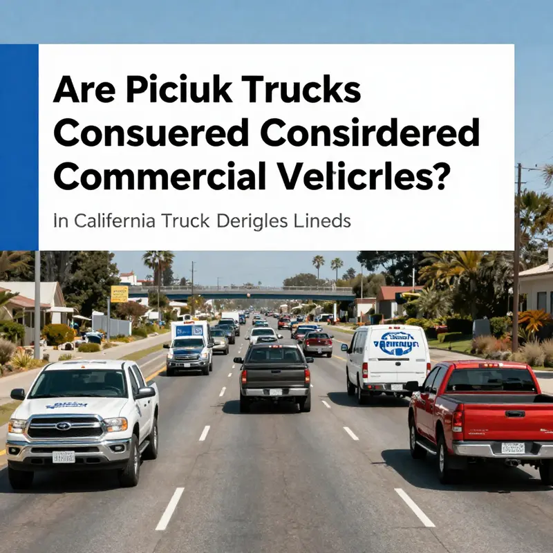 A perspective of California roads showcasing various pickup trucks used for commercial purposes.