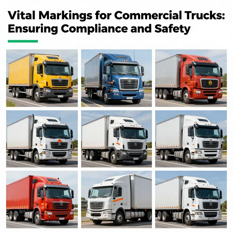 A collection of commercial trucks demonstrating vital markings and safety features in different environments.