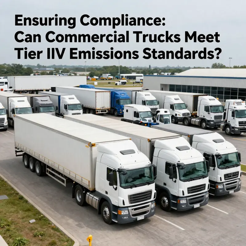Wide-angle view of a busy distribution center with a fleet of compliant commercial trucks.