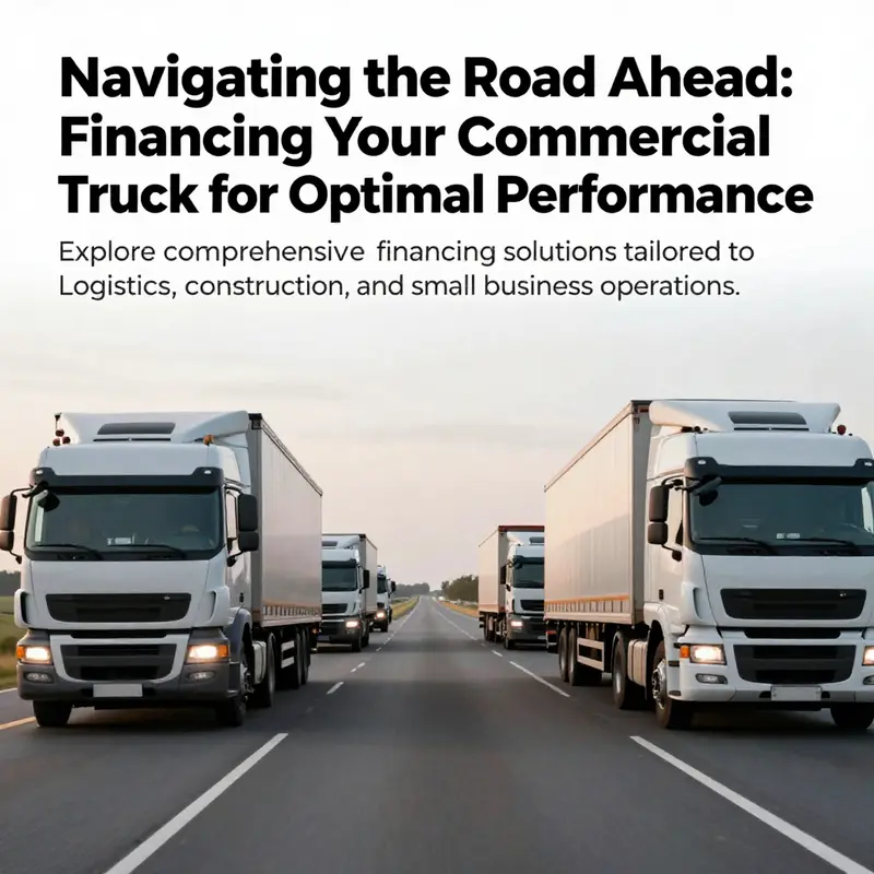 A landscape depicting commercial trucks on a highway, emphasizing the journey of financing a vehicle for business purposes.