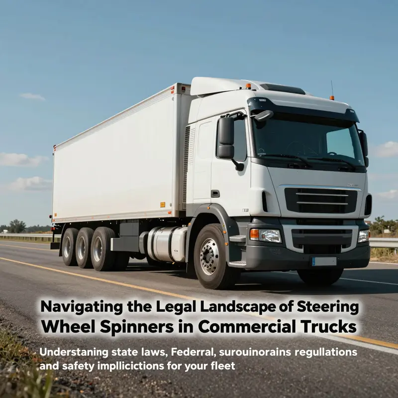 A commercial truck driving on an open road embodying the regulatory challenges of steering wheel spinners.