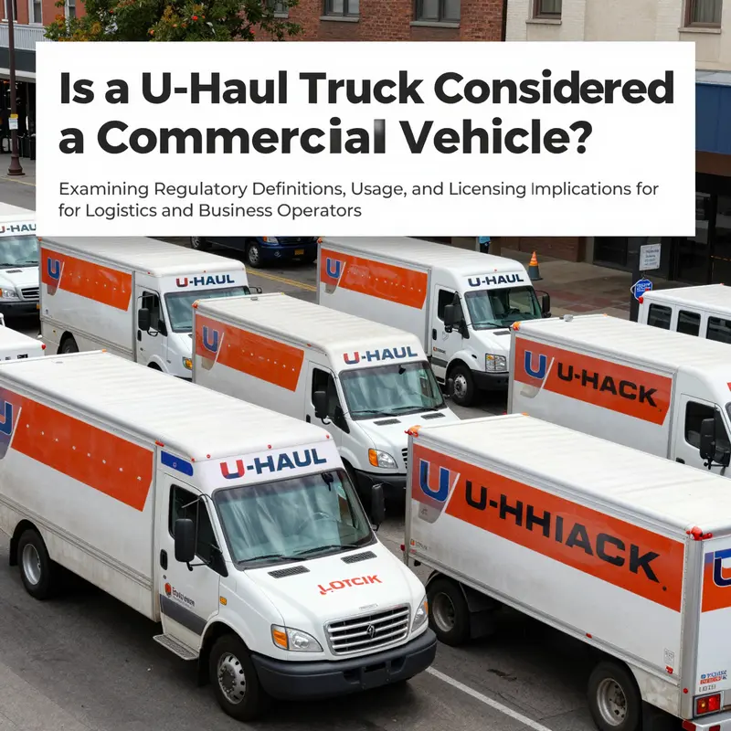A diverse lineup of U-Haul trucks in an urban setting, representing their classification as commercial vehicles.