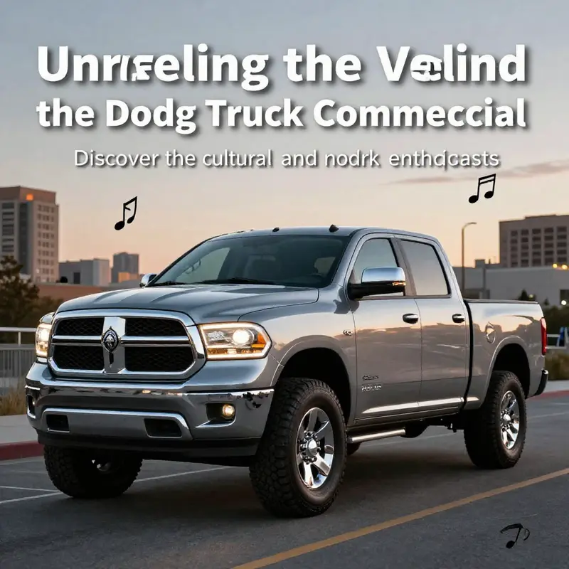 A Dodge truck parked in an urban area, symbolizing modernity and strength, connected with its commercial jingle.