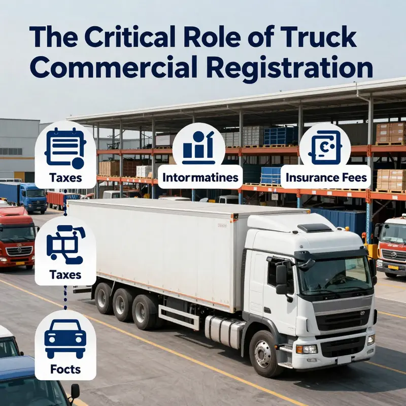 A commercial truck on the road, showcasing its legal compliance through commercial registration.