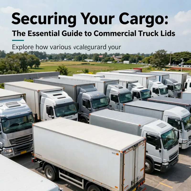 A lineup of trucks featuring various commercial truck lids against a scenic outdoor backdrop, illustrating their use in transportation.