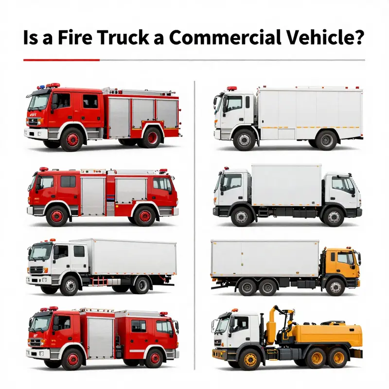 An illustration showcasing different types of commercial vehicles with a prominent focus on a fire truck.