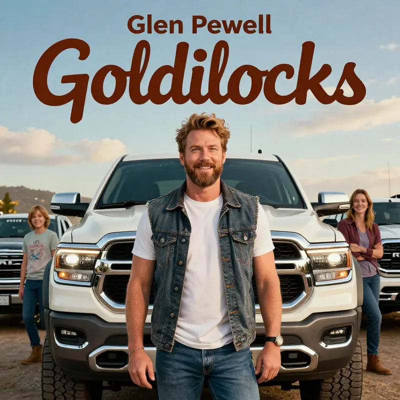 Glen Powell depicted as Goldilocks embracing a modern take with Ram Trucks in a vibrant and inviting setting.