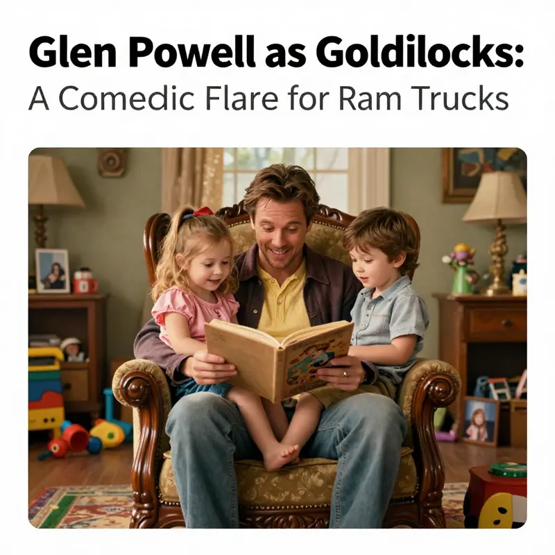 Glen Powell as Goldilocks reading a bedtime story in a familial and heartwarming scene.