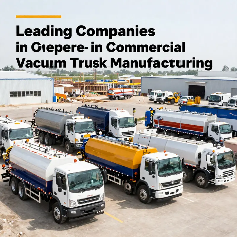 A collection of commercial vacuum trucks from leading manufacturers at a bustling industrial site.