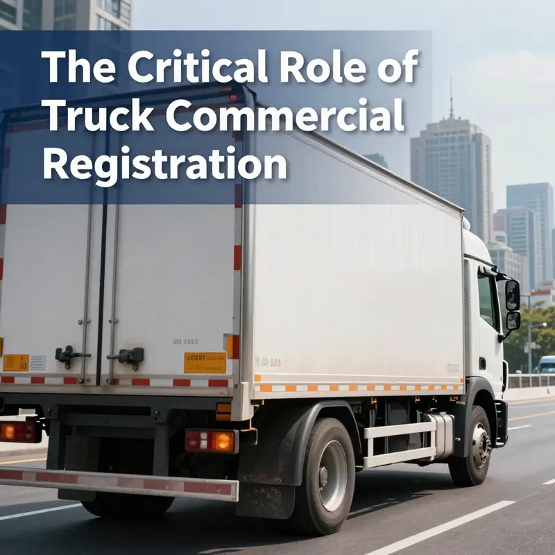 A commercial truck on the road, showcasing its legal compliance through commercial registration.