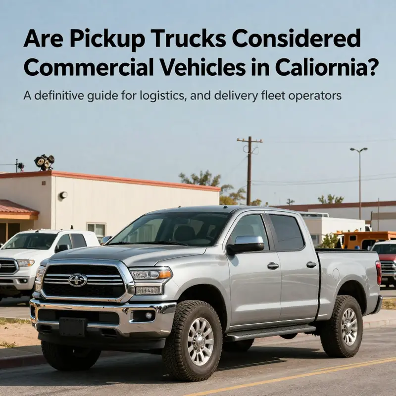 An image showing pickup trucks engaged in different commercial settings, such as construction, logistics, and delivery.
