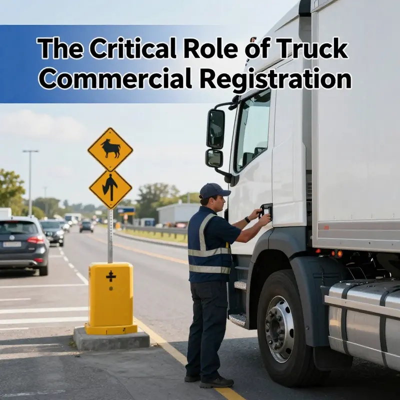 A commercial truck on the road, showcasing its legal compliance through commercial registration.