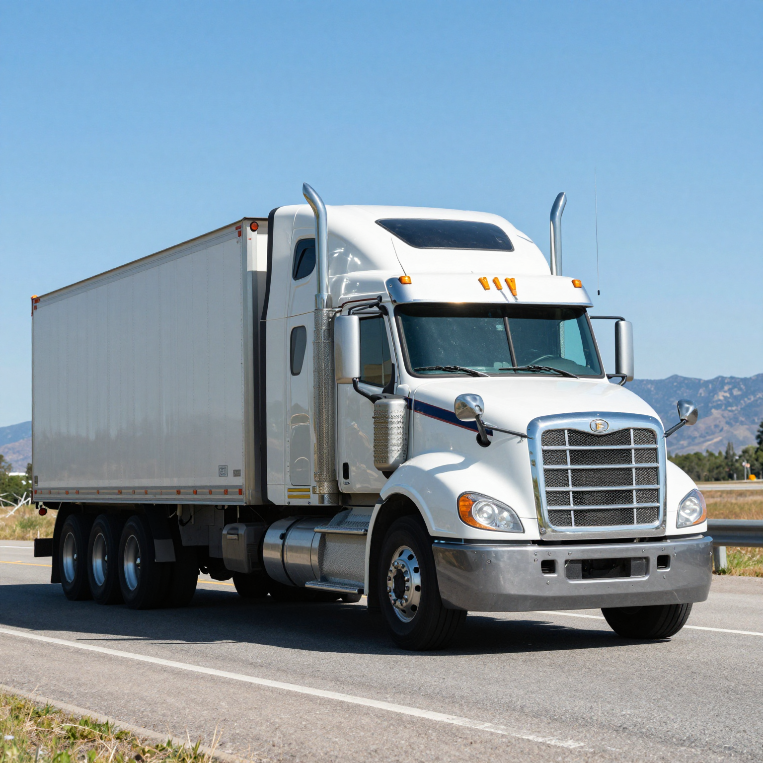 A commercial semi truck on a highway with mountains in the background.
