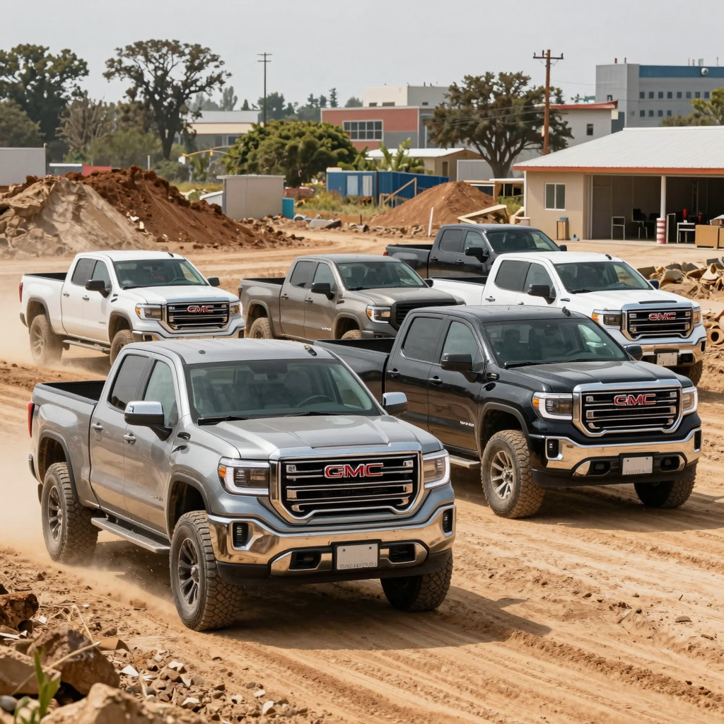 A lineup of GMC trucks in action, showcasing their rugged design and versatility in various settings.