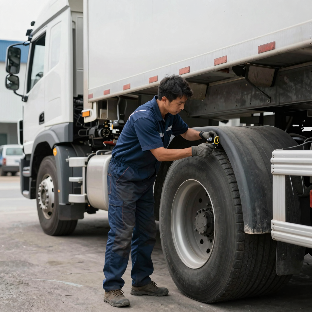 Maintenance being performed on a commercial truck