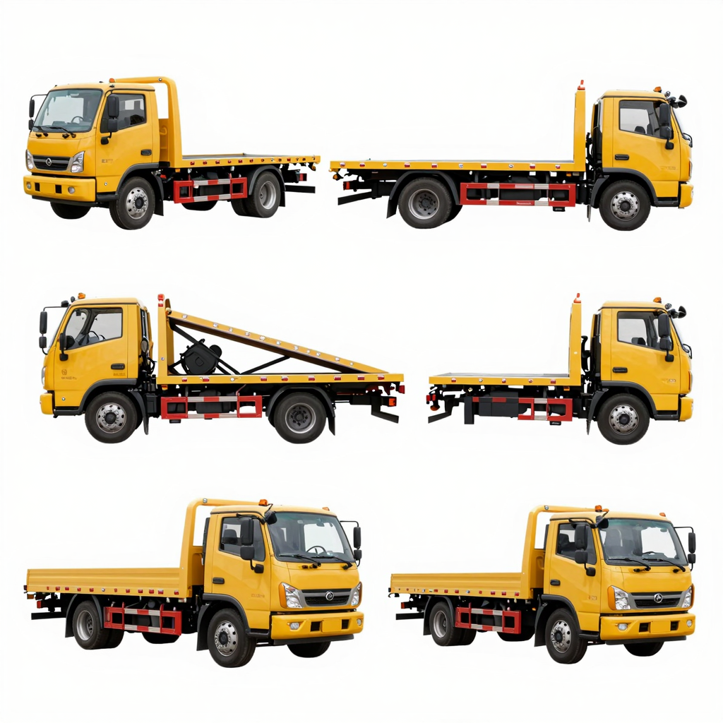 A variety of tow trucks including flatbed, wheel-lift, and others
