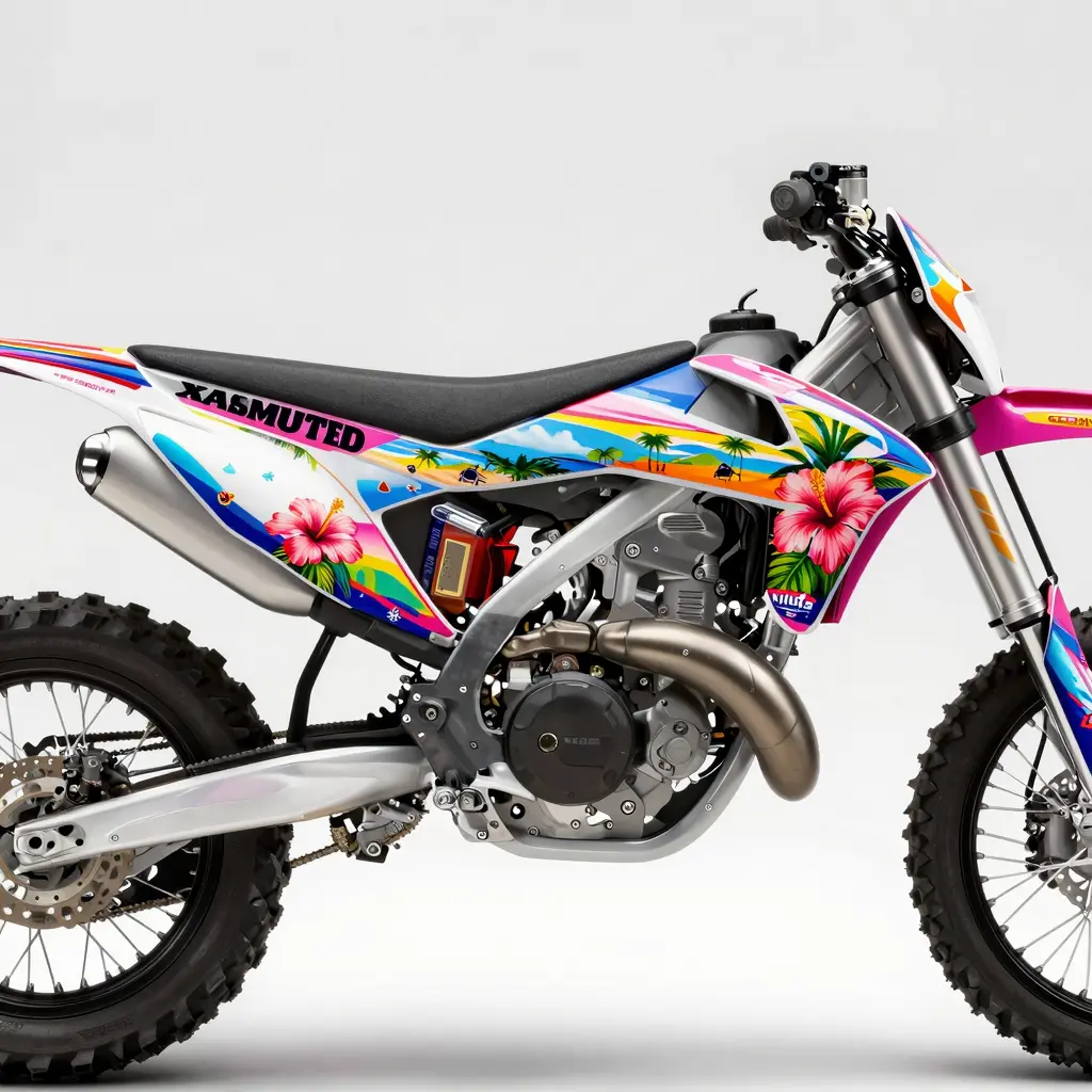 An artistic representation of modern motorcycle graphics with Hawaiian influences