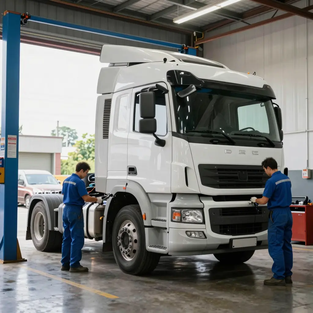 A commercial truck in a service bay getting an oil change, with mechanics working on the truck.