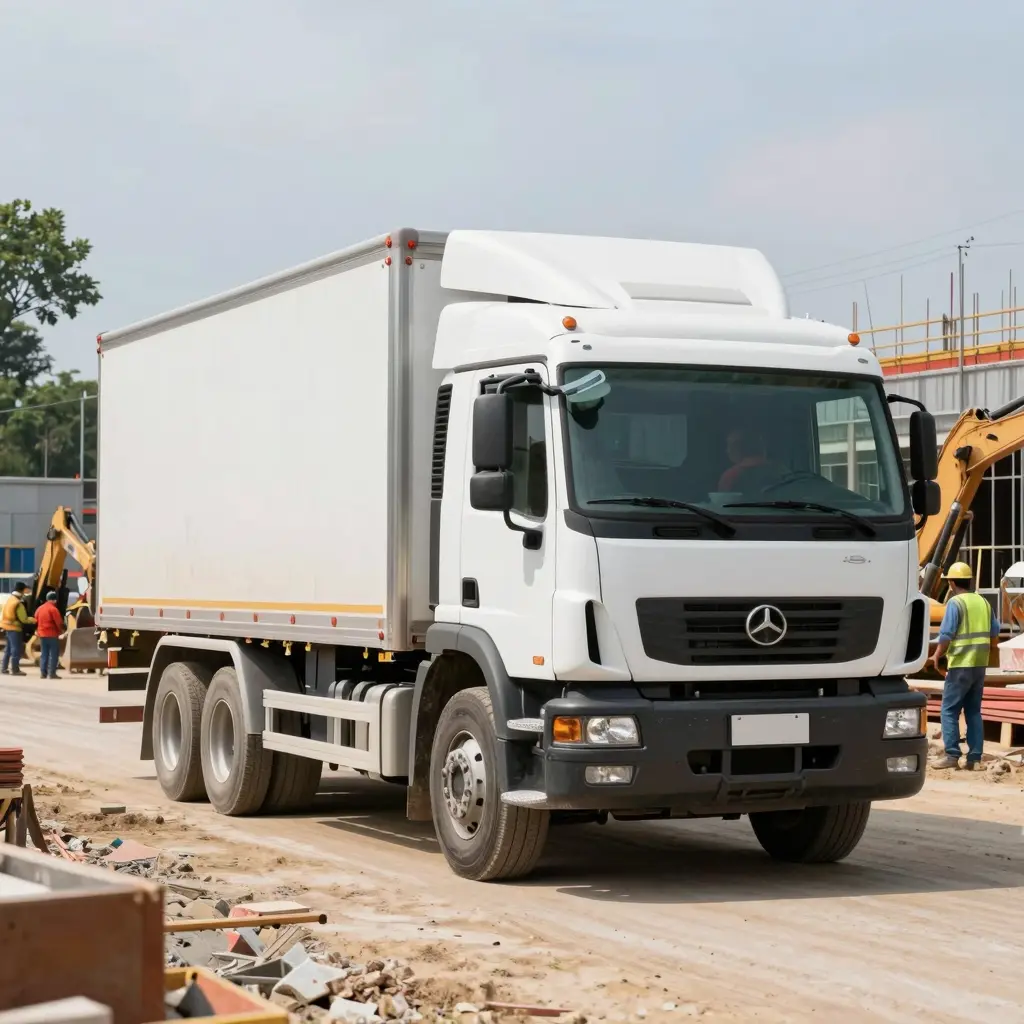 A commercial truck at a construction site, representing logistics and reliability.