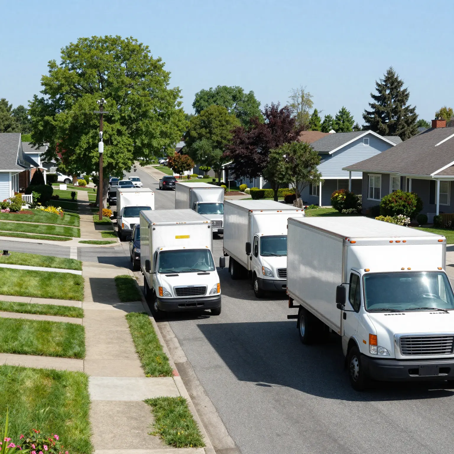 A residential street with parked commercial trucks illustrating potential issues