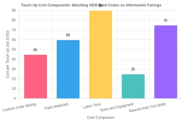 Bar chart titled "Touch Up Cost Components: Matching OEM Paint Codes on Aftermarket Fairings" showing cost per touch up job in US dollars across five components: custom color mixing at 45, paint materials at 60, labor time at 90, tools and equipment at 25, and rework from tint shifts at 75.