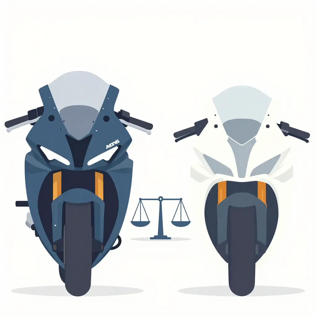 Illustration of a sportbike fairing set split between a thicker ABS shell and a slimmer fiberglass shell, with a tilt scale showing the fiberglass side as lighter