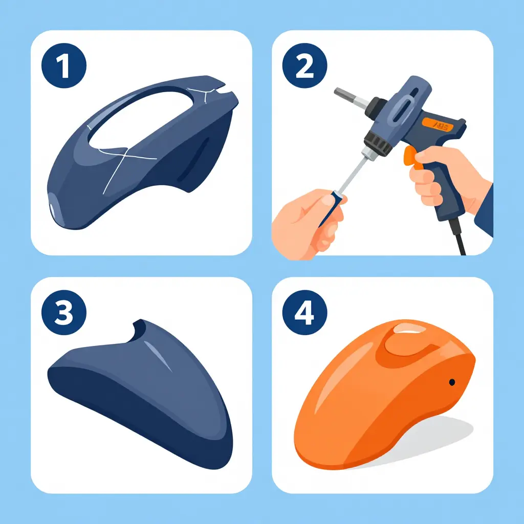 Four-step diagram of the ABS fairing repair process: cleaning a cracked panel, plastic welding the crack, sanding the seam smooth, and repainting to match.