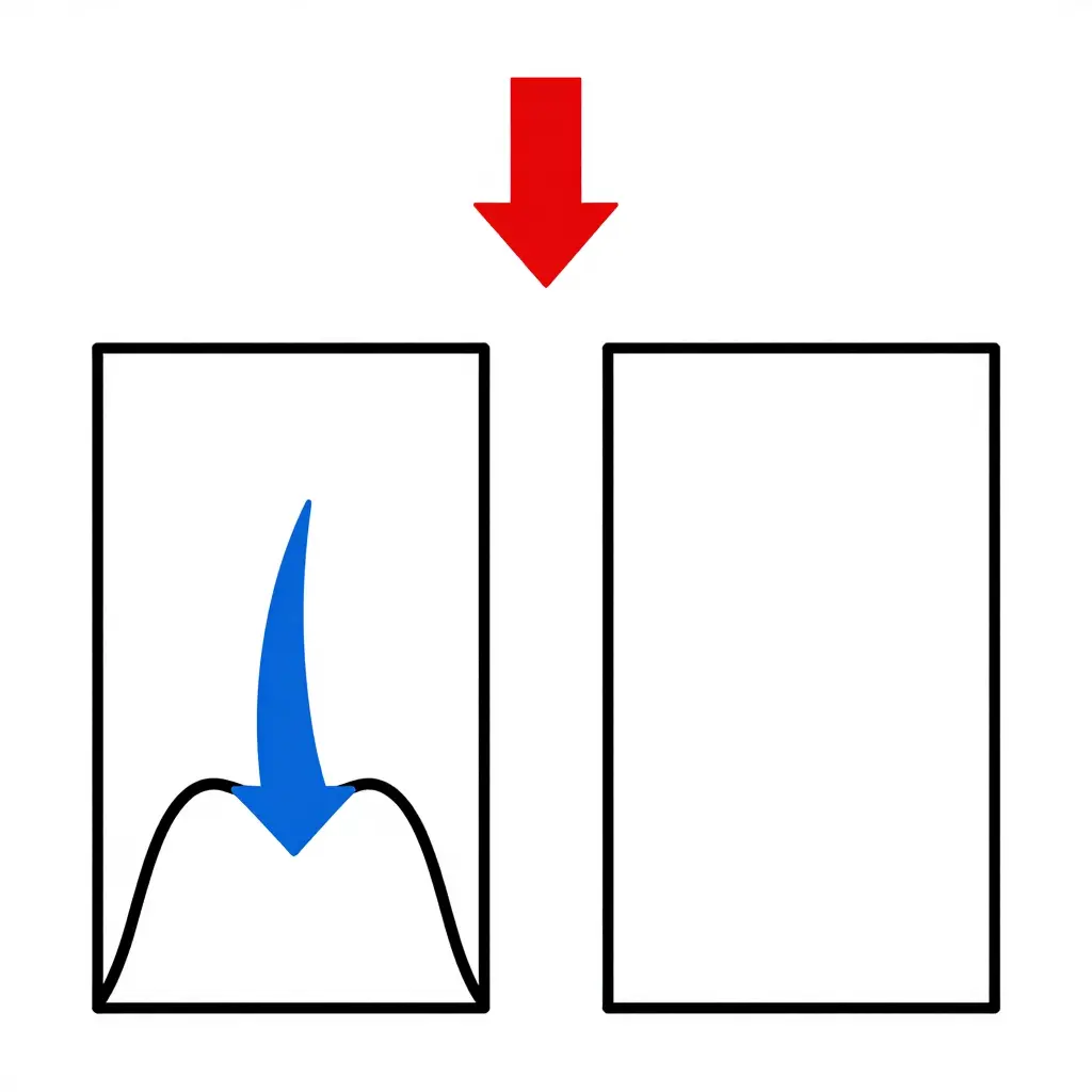 Flat 2D schematic showing two panels beneath a downward heat arrow, the left panel bending and sagging to illustrate thermoplastic warping while the right panel stays straight to illustrate thermoset resistance