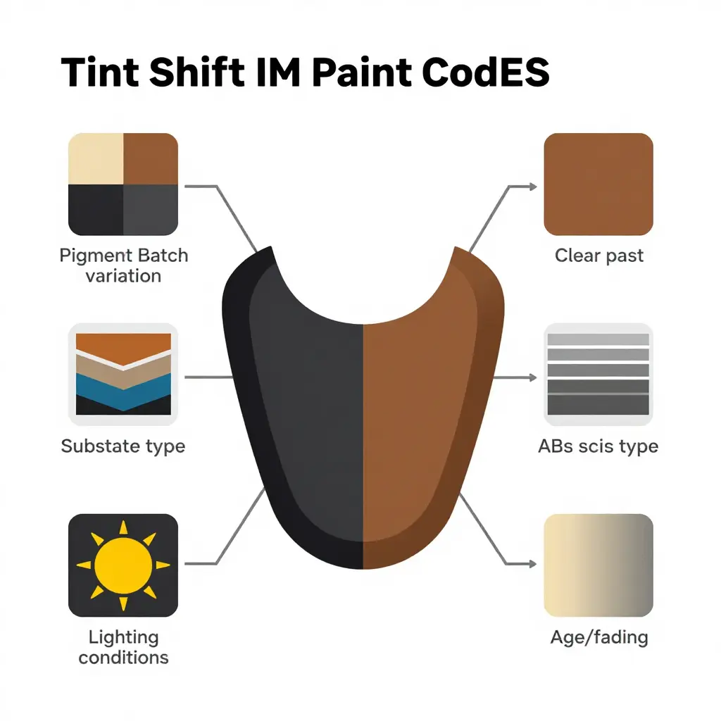 A diagram showing the six main causes of tint shifts, including pigment batch variation, clear coat, primer base color, substrate type, lighting, and fading.