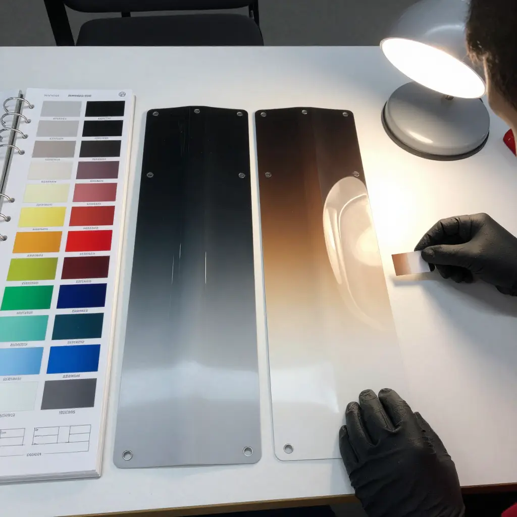 Paint swatch cards, spray-out test panels and a technician comparing a color against a fairing under shop lighting