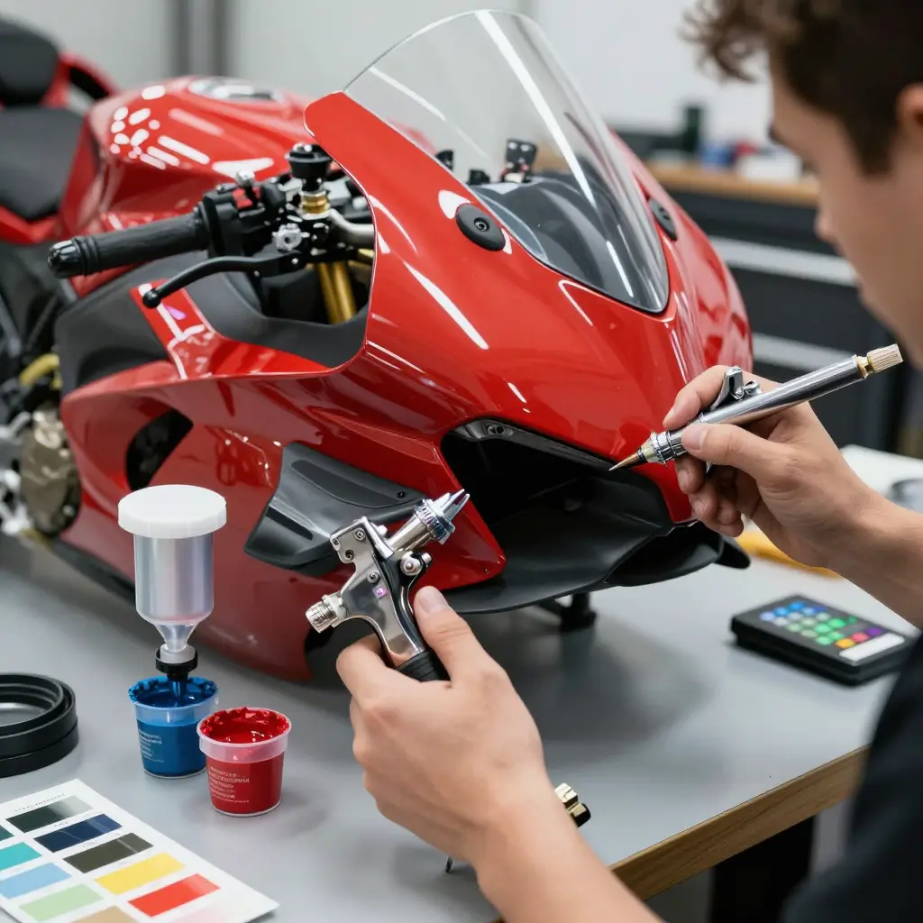 Technician touching up a sportbike fairing with custom mixed paint while matching an OEM color