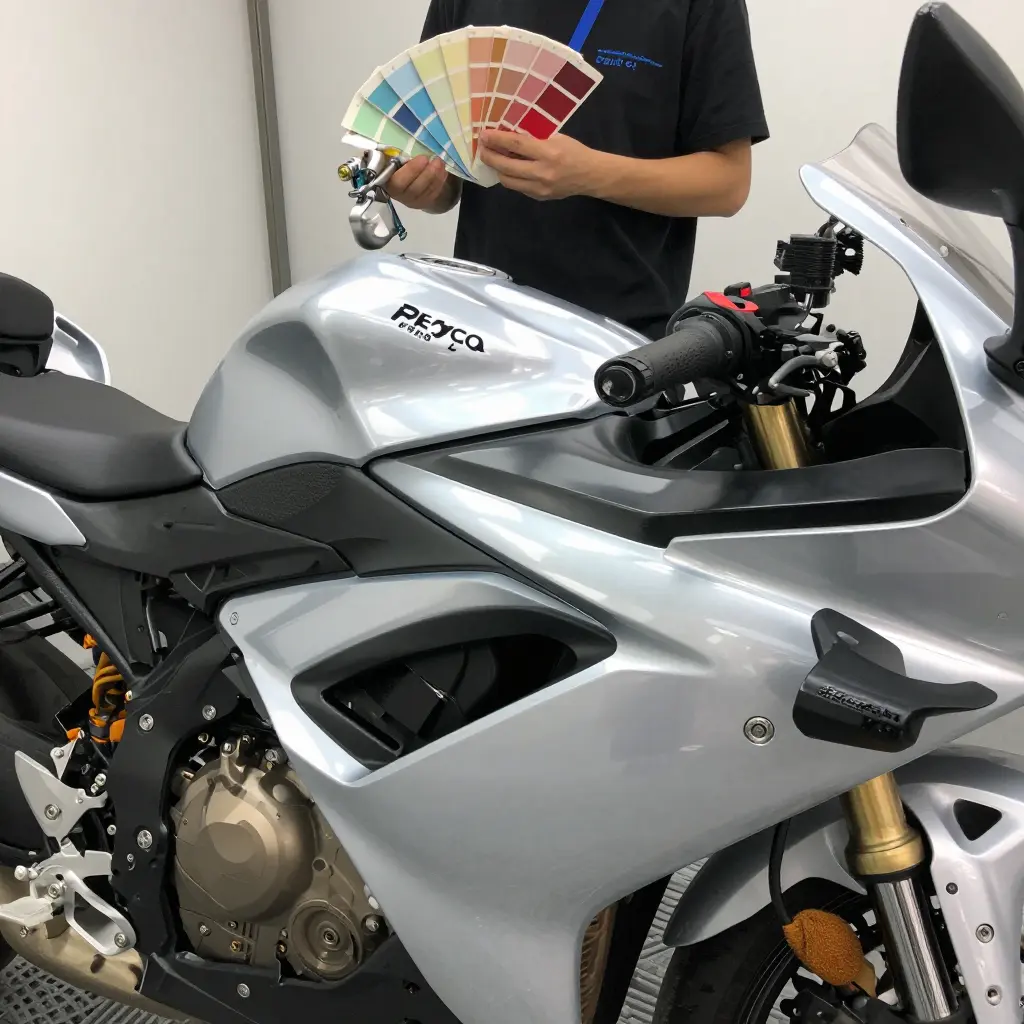 Glossy sport motorcycle fairing panels lined up in a shop to show consistent OEM factory finish color