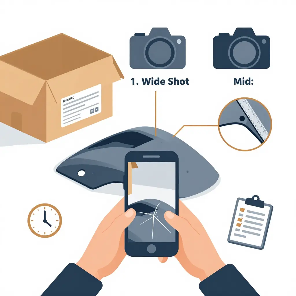 Diagram showing how to photograph a cracked fairing tab from three camera angles for a shipping claim, with timestamp and checklist icons