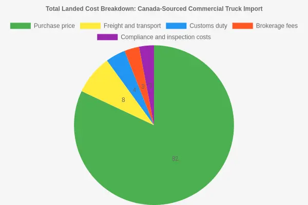 Pie chart showing the total landed cost breakdown for a Canada-sourced commercial truck import: purchase price 82%, freight and transport 8%, customs duty 4%, brokerage fees 3%, and compliance or inspection costs 3%