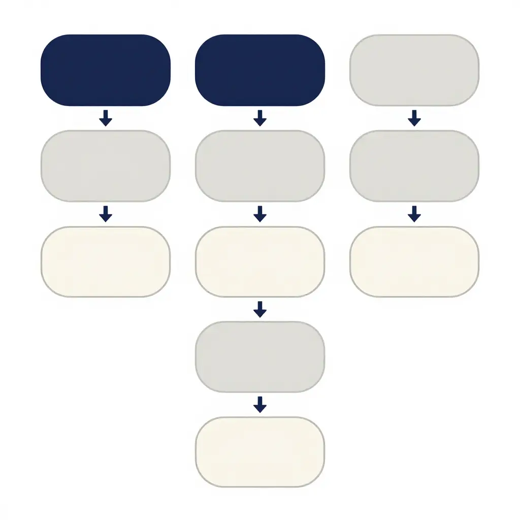 Minimalist two-dimensional flow diagram showing the seven-step sequence of importing a commercial truck from Canada, from purchase agreement through final registration