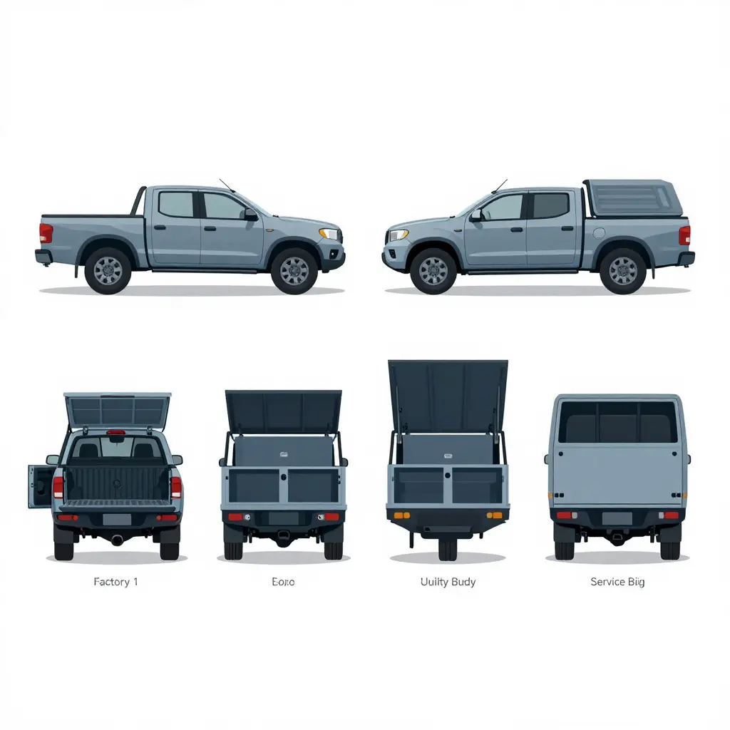 Side-view diagram comparing four pickup bed setups: factory pickup bed, flatbed, utility body, and service body